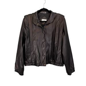 Pam Sloane Faux Leather Jacket Womens Size 11 Black Moto Pleated Biker Outdoor